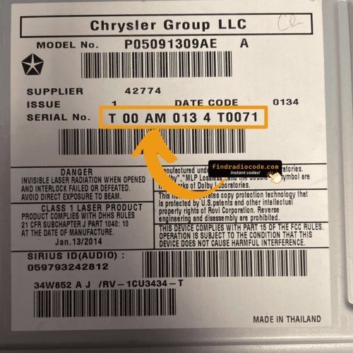 Harman T00AM serial number label example